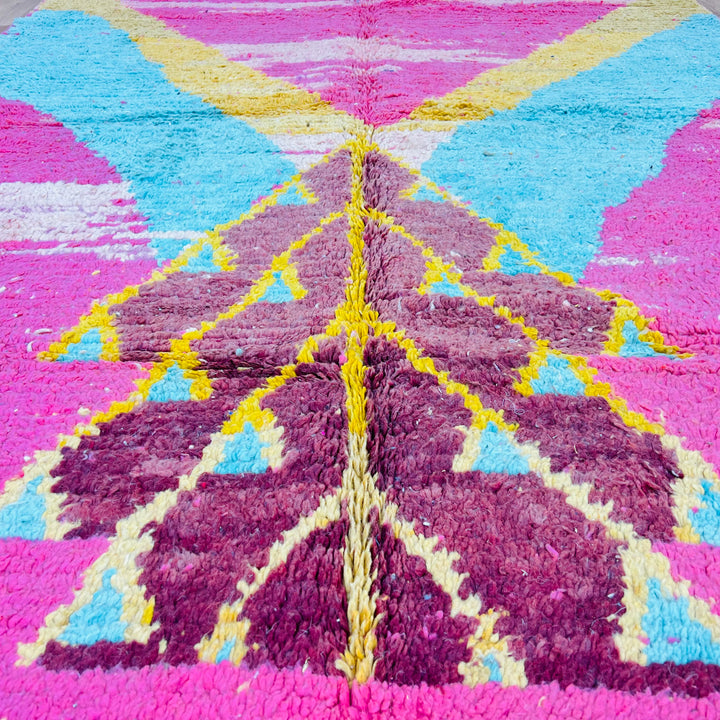 Vintage Moroccan rug in pink, aqua, and yellow with Berber tribal design, wool texture, 239x170 cm for sale.