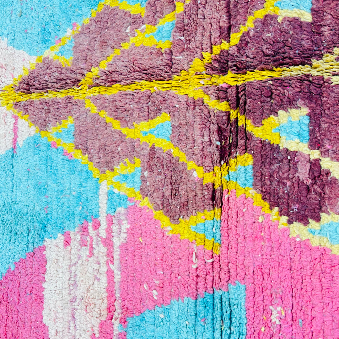 Vintage Moroccan rug in fuchsia pink, turquoise blue, with Berber triangle design; wool area rug for sale; traditional Moroccan carpet.