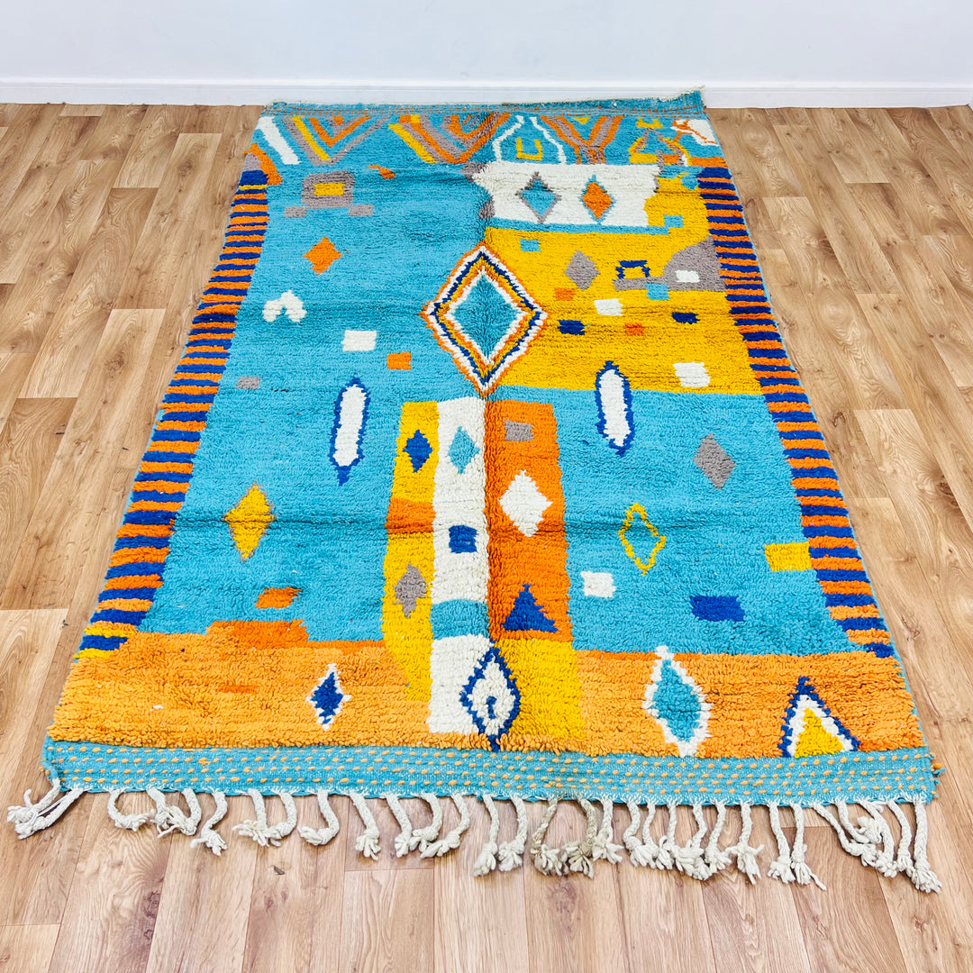 Blue Orange Moroccan Berber Rug with Geometric Pattern, Handmade Wool, 8x10, Moroccan Style Carpet for Sale - Vibrant Home Decor