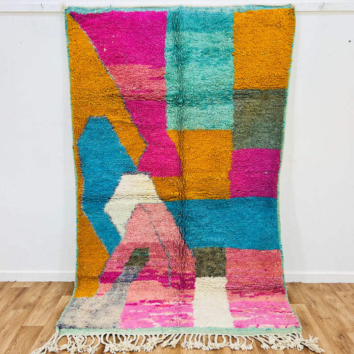 Color Block Moroccan Berber Rug with fuchsia, turquoise, saffron orange, and cream, handmade wool area rug, 246x153 cm