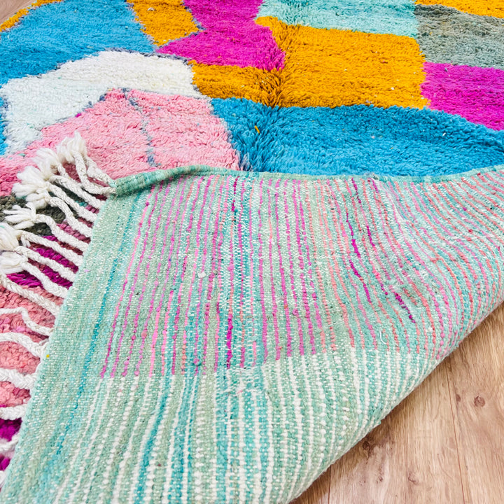 Color Block Moroccan Berber wool rug in fuchsia, turquoise, saffron, cream; handmade Moroccan rug 8 x 10.