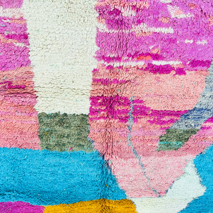 Color block Moroccan Berber rug with fuchsia, turquoise, and saffron, handmade from wool, perfect for eclectic or boho interiors.