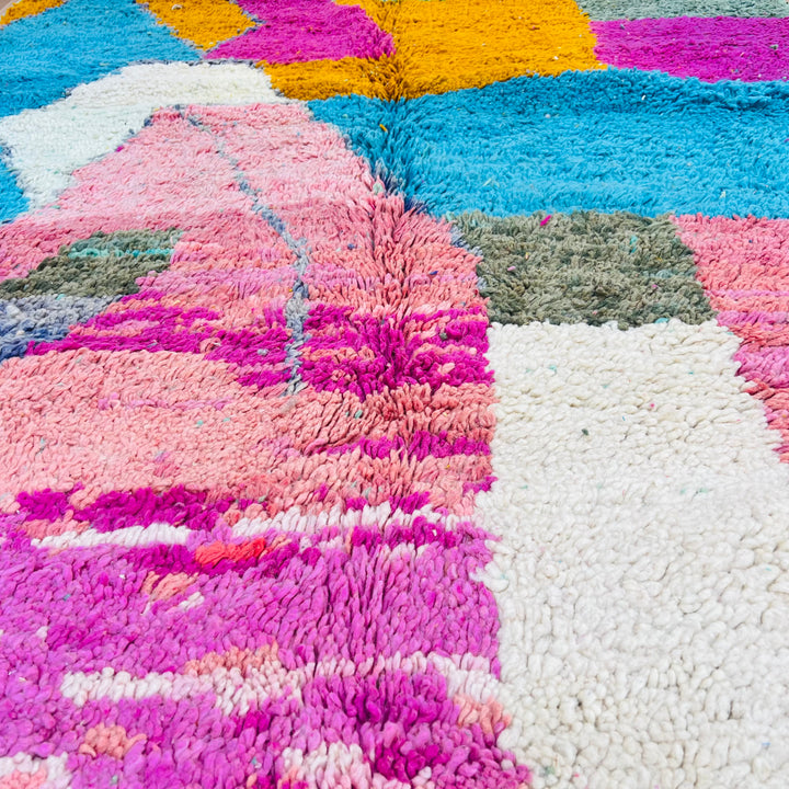 Color Block Moroccan Berber Rug in fuchsia, turquoise, saffron orange, and cream. Handmade, 100% wool. 246 x 153 cm.