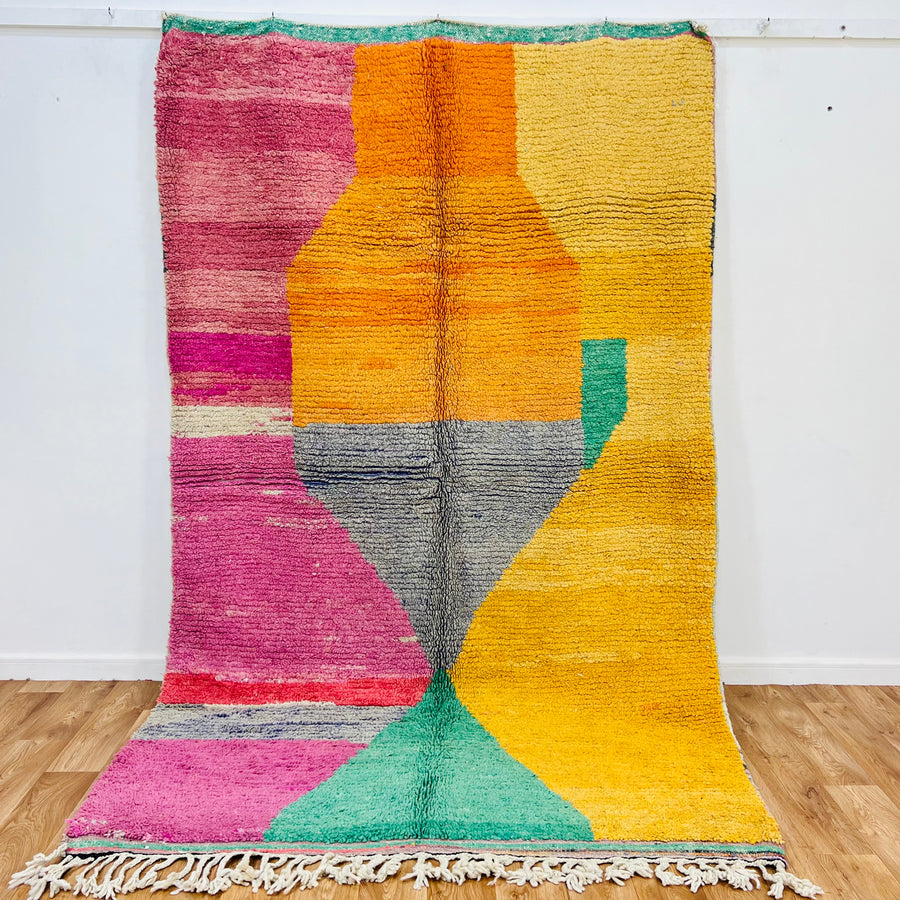 Rare vintage Moroccan abstract rug with vibrant hues of orange, pink, yellow, and mint green, handwoven by Berber artisans.