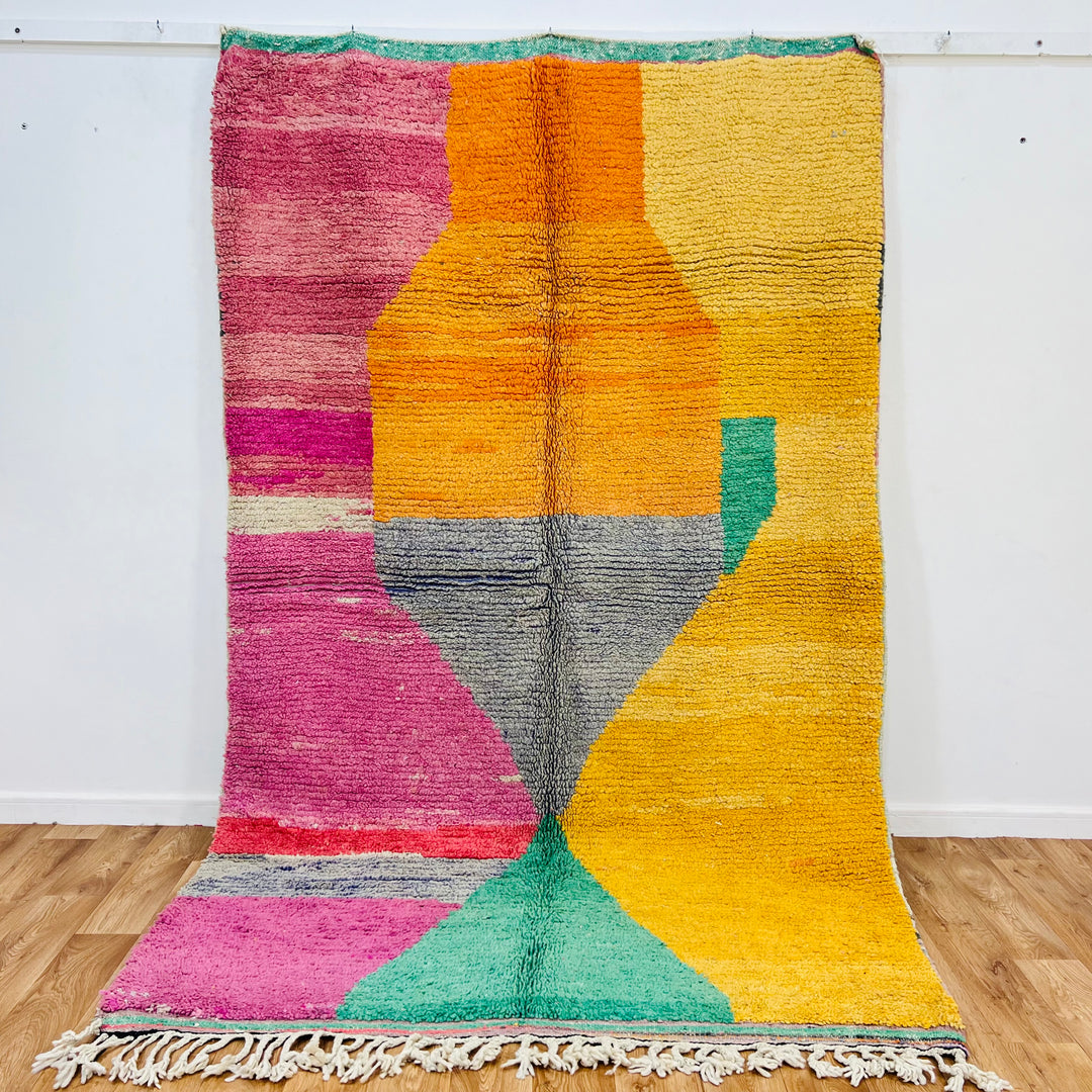 Rare vintage Moroccan rug with abstract design in pink, orange, yellow, and mint green, 8.8x5.5 ft, traditional Berber wool carpet.