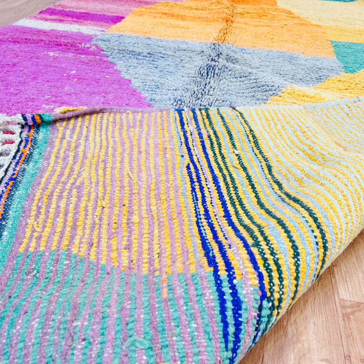 Rare Vintage Moroccan Berber Rug with Abstract Design in Pink, Orange, Yellow, Mint Green - 100% Wool, 269 x 167 cm