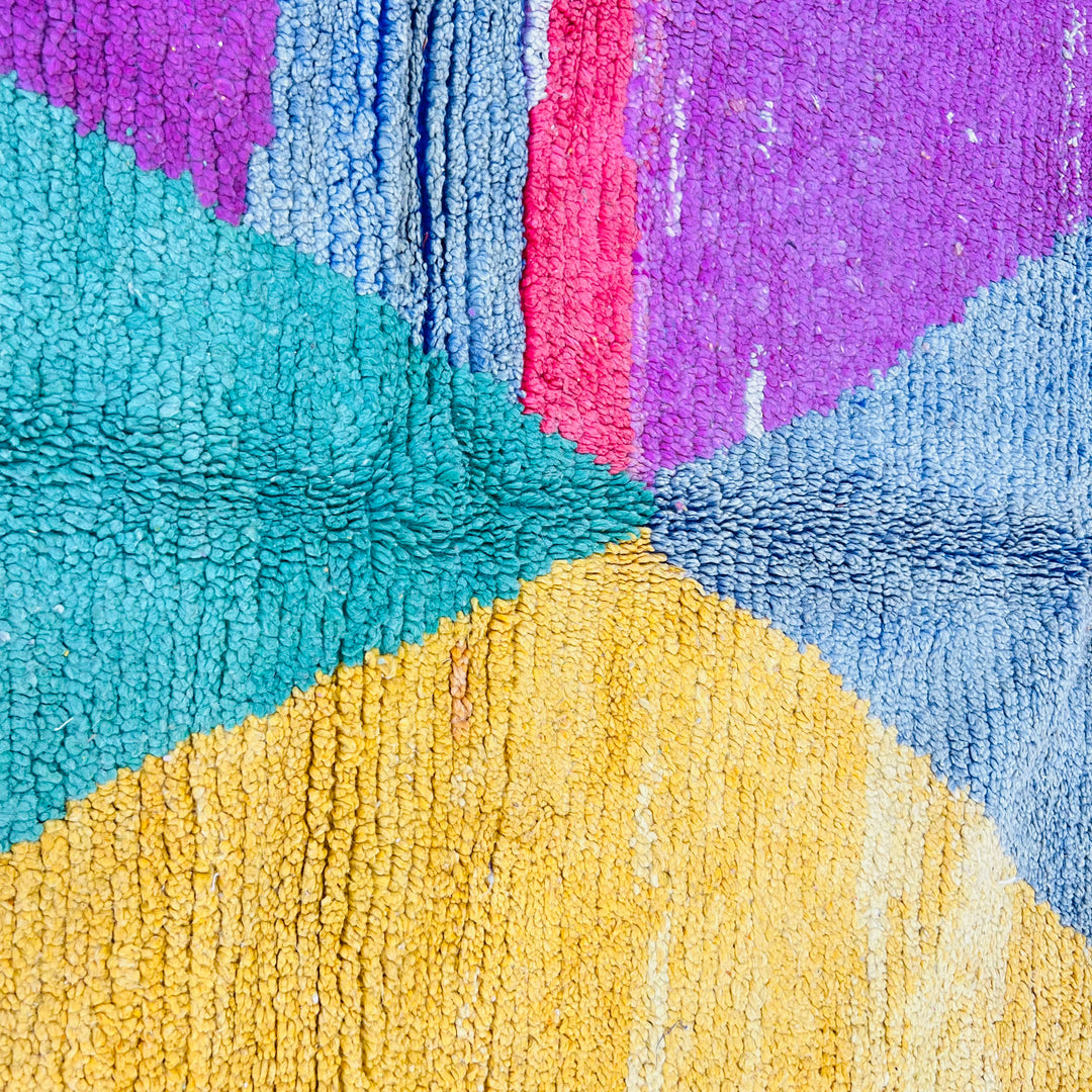 Rare vintage Moroccan rug with abstract design in orange, pink, yellow, mint green. Moroccan Berber carpet, 269 x 167 cm.
