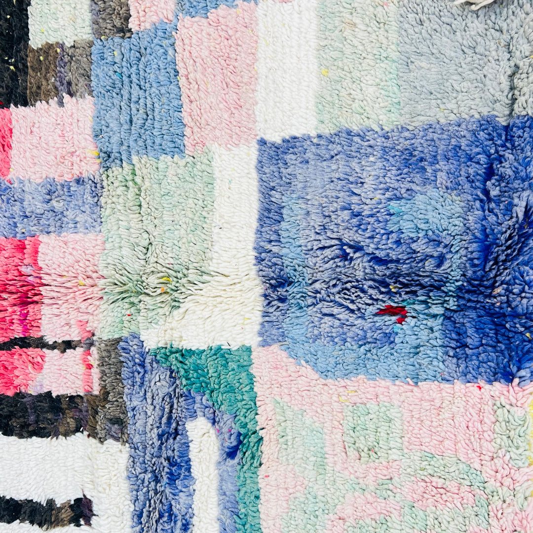 Colorful Abstract Vintage Moroccan Rug with Geometric Shapes, Handmade by Berber Women, 8.63 x 5.54 ft, 100% Wool, Moroccan Carpets for Sale