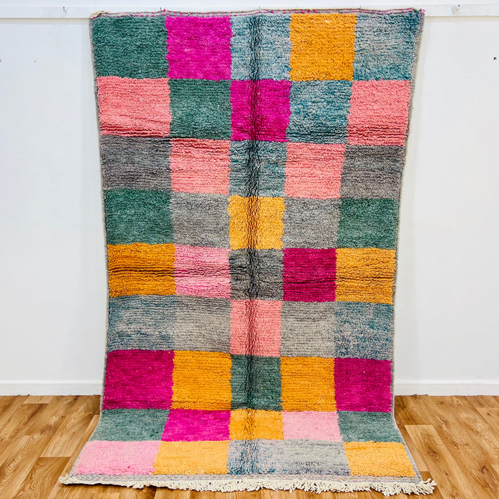 Vintage Moroccan rug with vibrant color blocks of pink, mustard, sage, and orange, handwoven by Berber artisans. 8.2 x 4.9 ft.