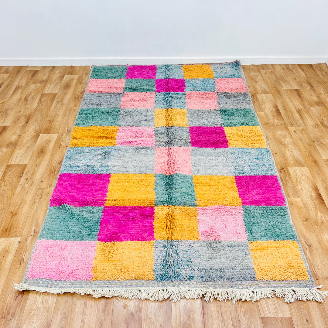 Vintage Color Block Moroccan Rug with pink, mustard, and green tones. Handwoven Berber carpet, 8.2 x 4.9 ft. Perfect for eclectic decor.