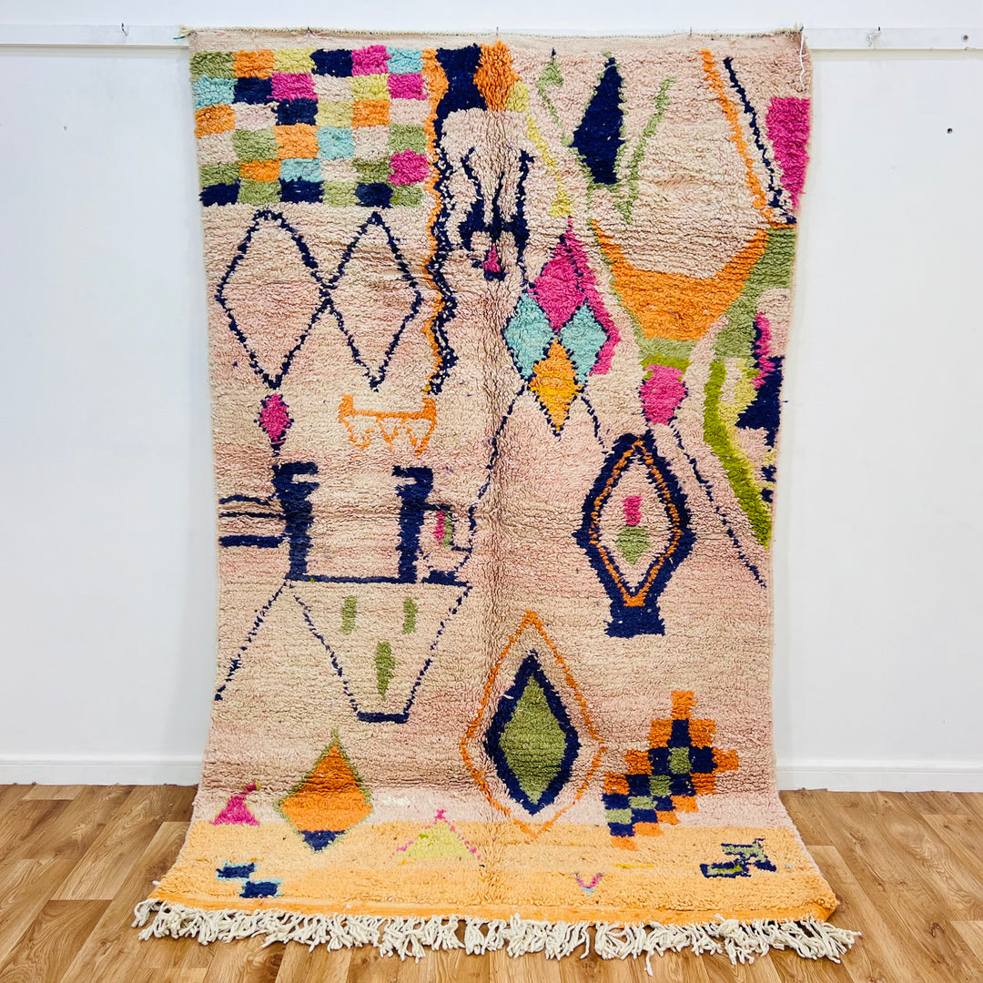 Colorful Vintage Moroccan Wool Rug with Tribal Diamond Patterns, 248x150 cm, Handwoven Berber Symbols on Peach Base