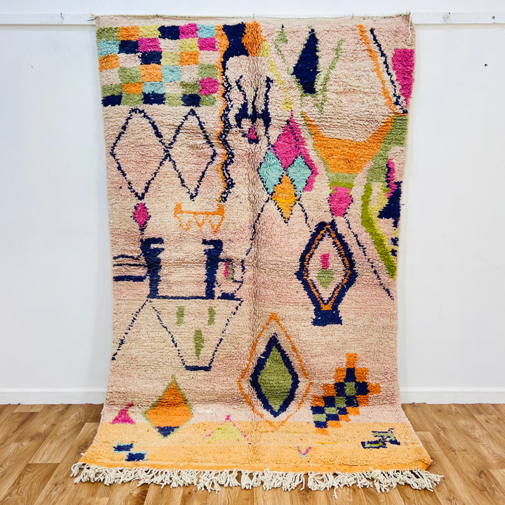 Colorful Tribal Diamond Moroccan Rug with Berber Symbols, 248x150 cm, handwoven wool, vintage traditional Moroccan decor.