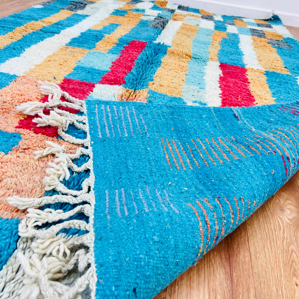 Vintage Moroccan rug featuring colorful blocks and lines, handwoven by Berber artisans, 207 cm x 161 cm, wool, bold geometric design.