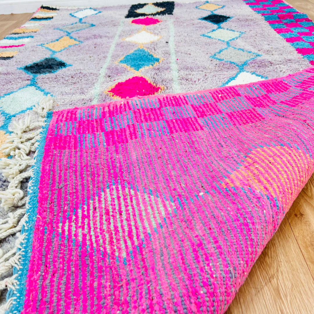 Vintage Moroccan Berber rug with checker &amp; diamond pattern in pink, blue, ochre; handmade wool texture. Rug No. 451.