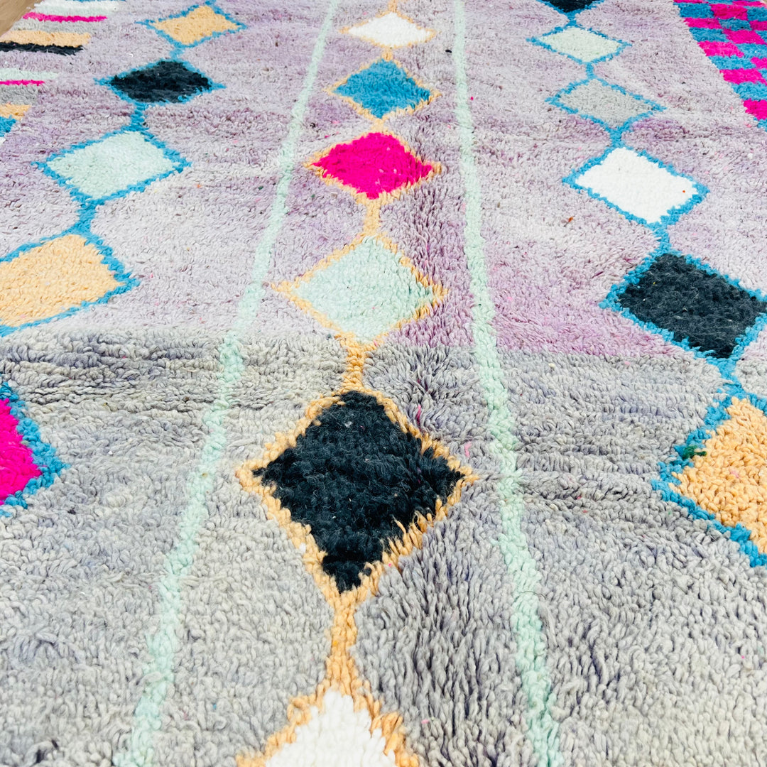 Vintage Moroccan rug with checker and diamond pattern in pink, blue, and ochre. Handmade wool, Berber design. Rug No. 451.