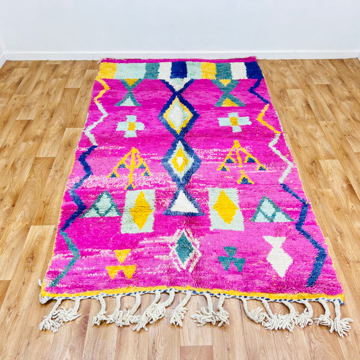 Pink Moroccan Berber rug with tribal diamond and tree motifs in vibrant colors, handwoven wool rug, 164x155 cm.