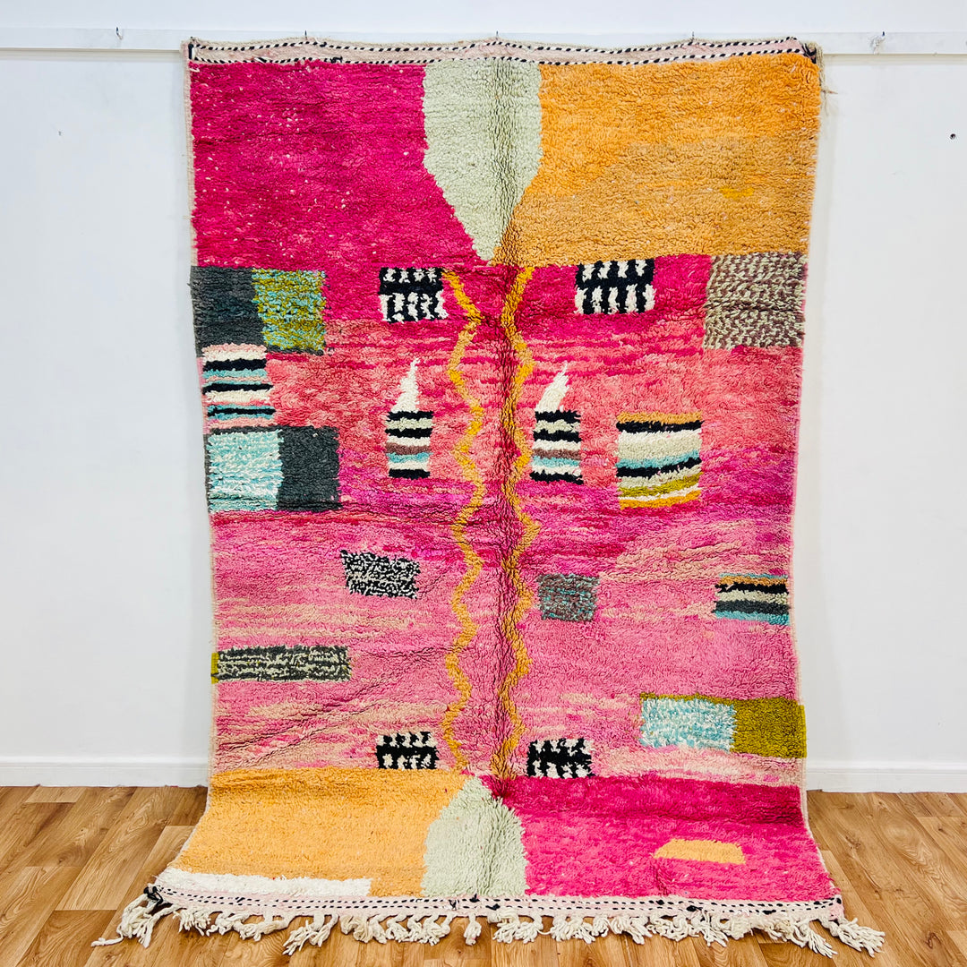 Pink Moroccan rug with abstract design, colorful accents, handcrafted by Berber artisans. Size: 245 x 162 cm (8.03 x 5.31 ft).