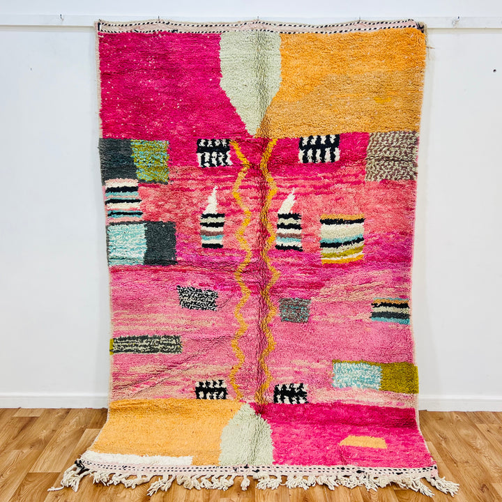 Pink Moroccan rug with abstract design, colorful accents, handcrafted by Berber artisans. Size: 245 x 162 cm (8.03 x 5.31 ft).