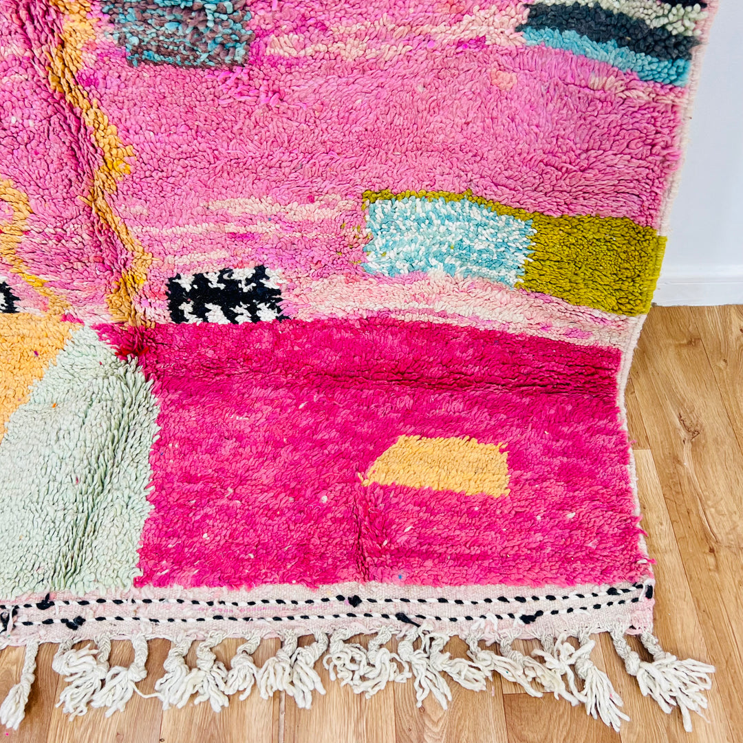 Pink Abstract Moroccan Rug with vivid colors and plush wool texture, handmade by Berber artisans, size 245 x 162 cm.