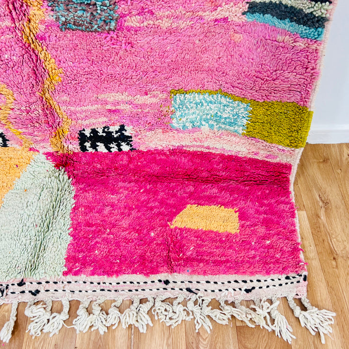 Pink Abstract Moroccan Rug with vivid colors and plush wool texture, handmade by Berber artisans, size 245 x 162 cm.