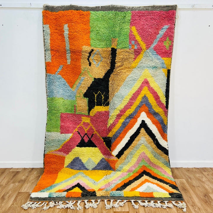 Colorful Chevron Moroccan Berber Rug with zigzag pattern and vibrant colors, traditional handwoven wool, 8x10 area rug.