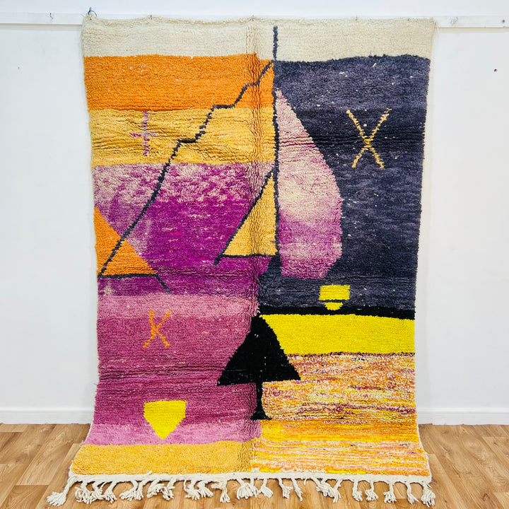 Vintage Moroccan Sunset Rug in orange, purple, and yellow with Berber patterns, 238x161 cm, handmade wool Moroccan berber rug.