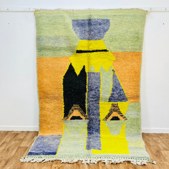 Yellow Tribal Abstract Moroccan Wool Rug with Geometric Designs, 275x168 cm, Handmade, Mustard Yellow, Indigo, Olive Green, and Black