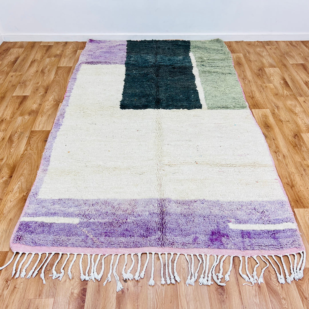 Modern Geometric Moroccan Rug in forest green, sage, purple, ivory tones, 259x154 cm, vintage Moroccan berber carpet.