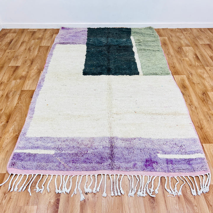 Modern Geometric Moroccan Rug in forest green, sage, purple, ivory tones, 259x154 cm, vintage Moroccan berber carpet.