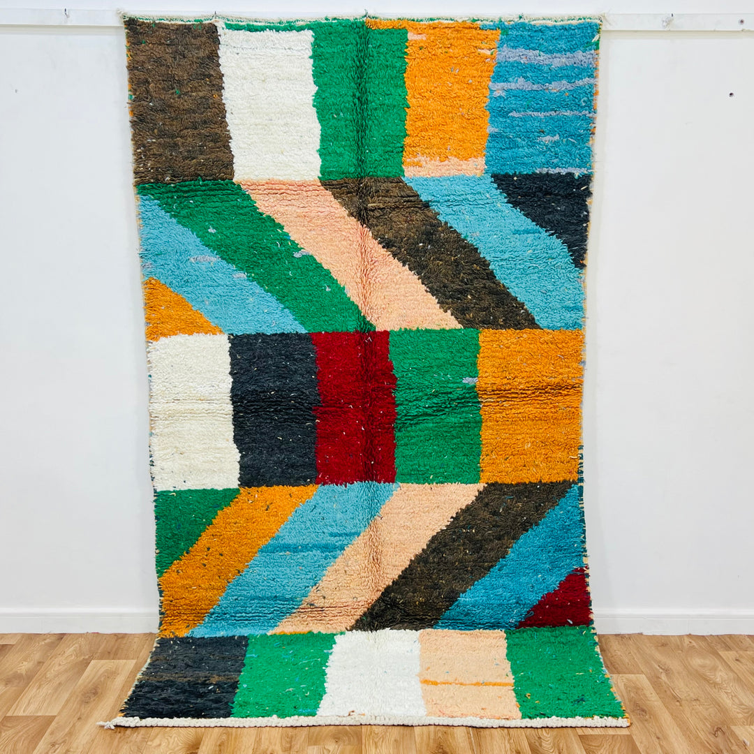 Color Block Vintage Moroccan Berber Rug with vibrant geometric patterns in red, green, orange, blue, and ivory.