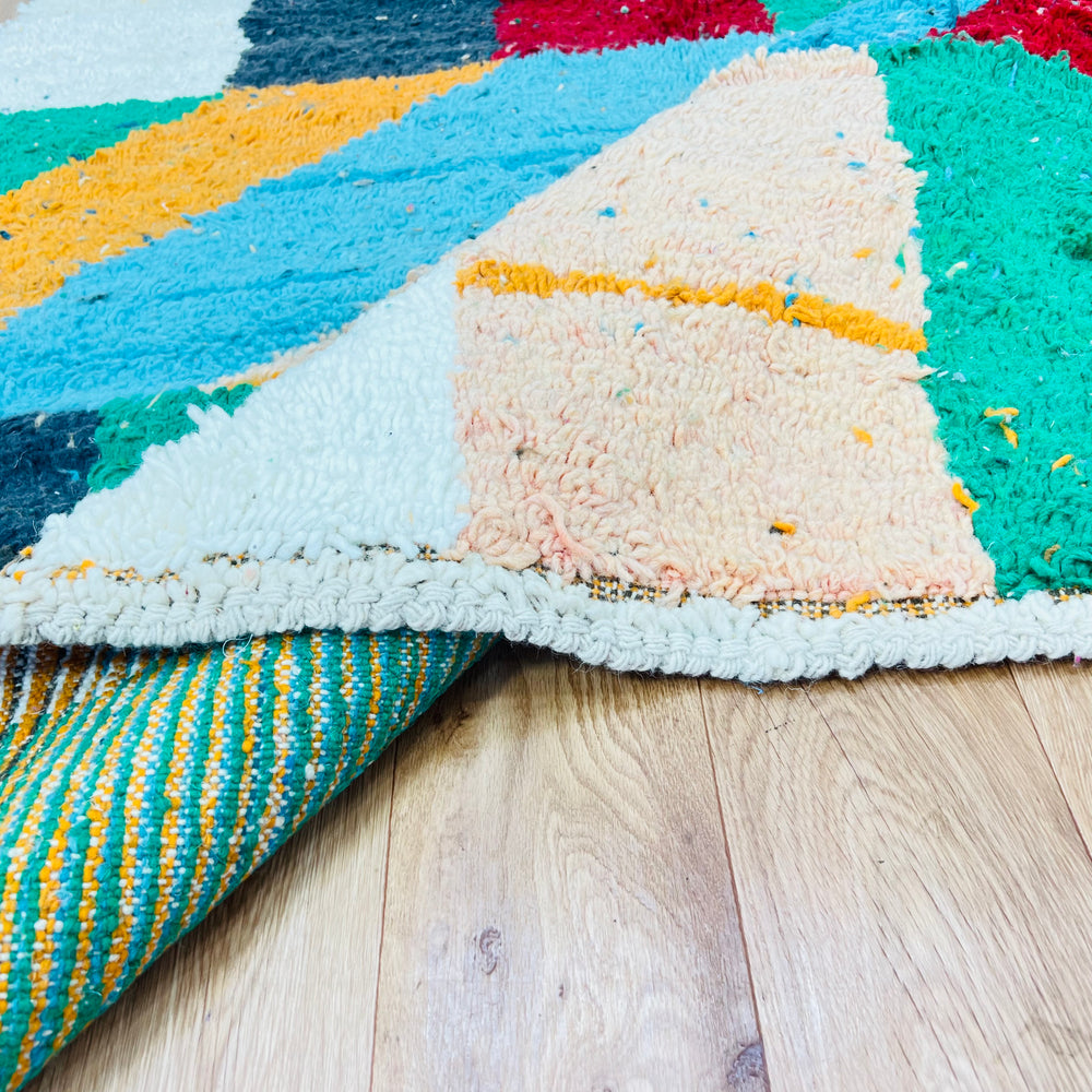Color Block Vintage Moroccan Rug with red, green, orange, blue, and ivory geometric patterns; handmade Berber wool rug.