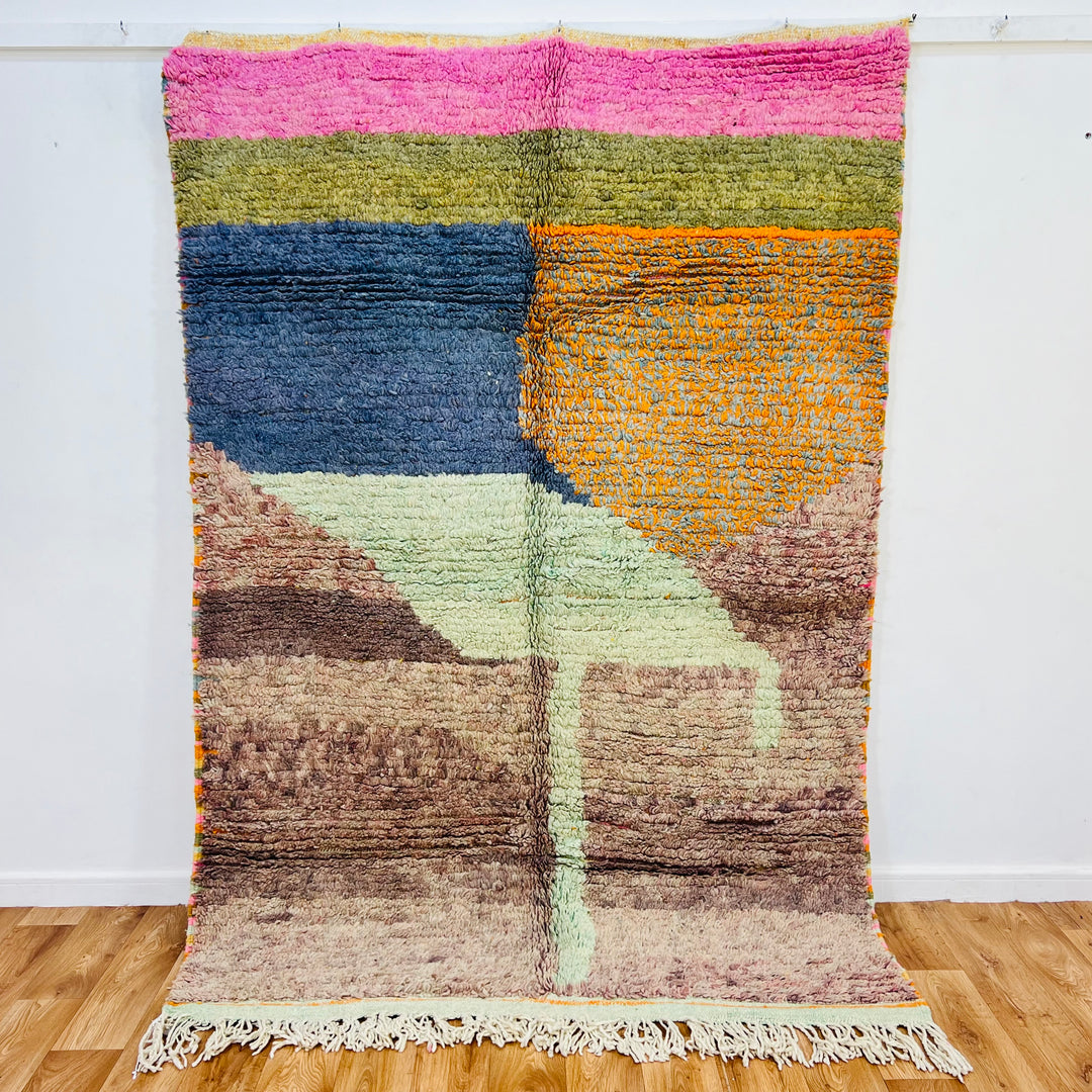 Abstract Moroccan wool rug 229x160 cm, handmade with vibrant colors and flowing shapes, traditional Berber design.