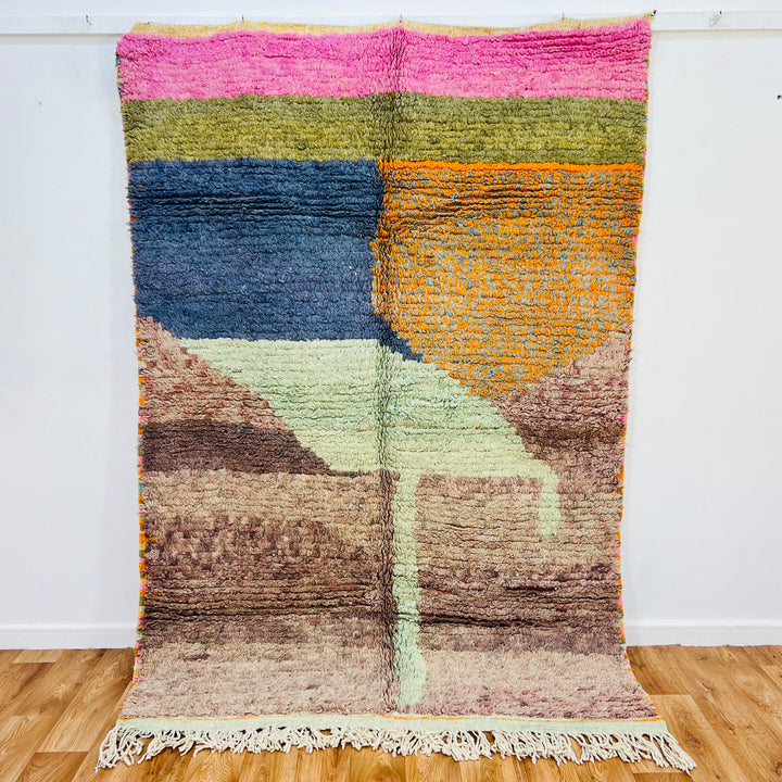 Abstract Moroccan wool rug 229x160 cm, handmade with vibrant colors and flowing shapes, traditional Berber design.