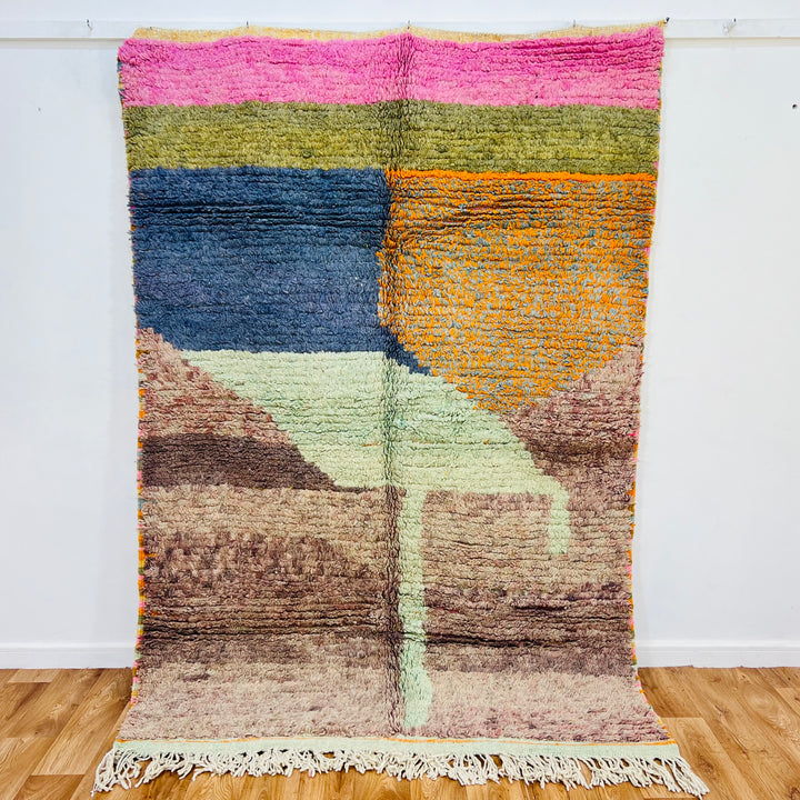 Abstract Desert Moroccan wool rug in vibrant colors, 229x160 cm, handmade with soft wool showcasing bohemian style and traditional artistry.