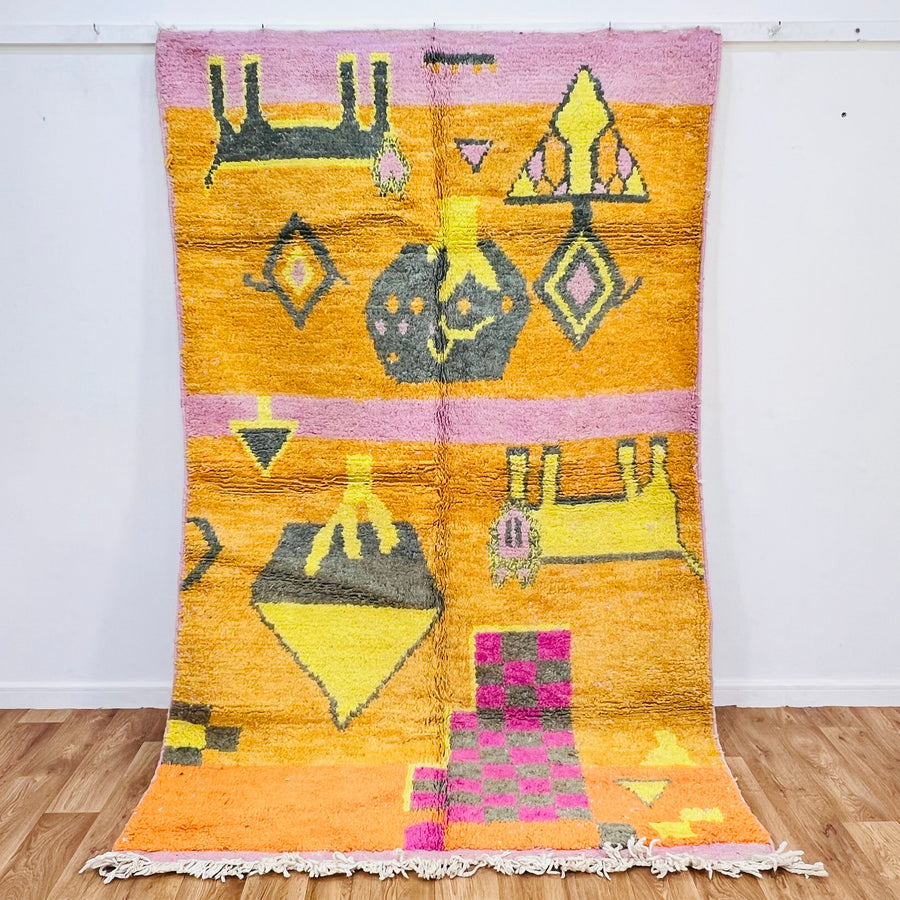 Vintage Moroccan Berber rug 251x157 cm with orange, pink, yellow, and grey geometric patterns, perfect for vibrant home decor.