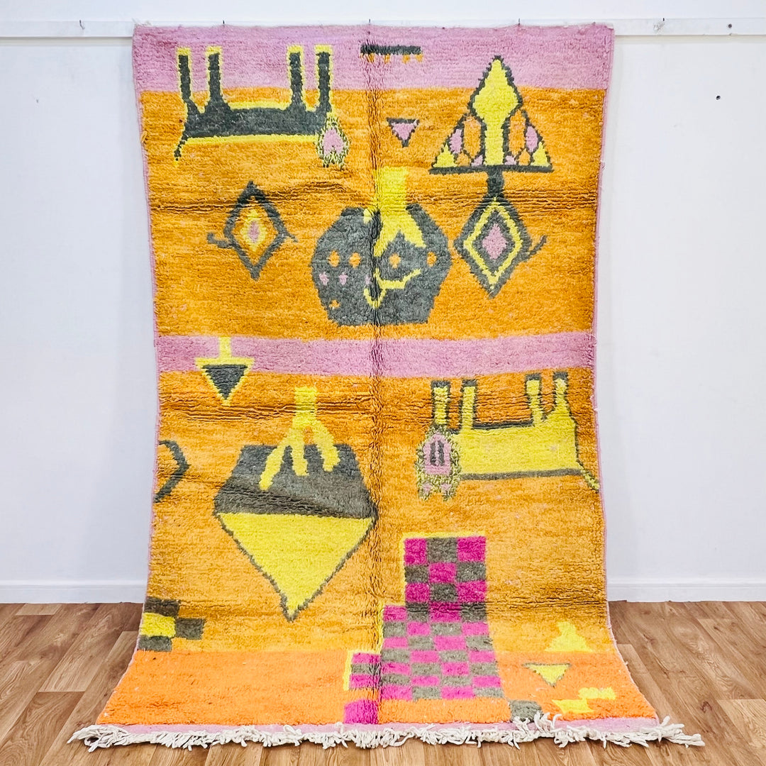 Vintage Moroccan Berber rug 251x157 cm with orange, pink, yellow, and grey geometric patterns, perfect for vibrant home decor.