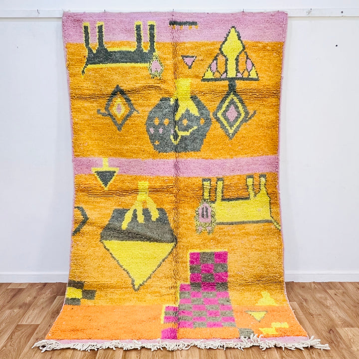 Vintage Moroccan Berber rug 251x157 cm with orange, pink, yellow, and grey geometric patterns, perfect for vibrant home decor.