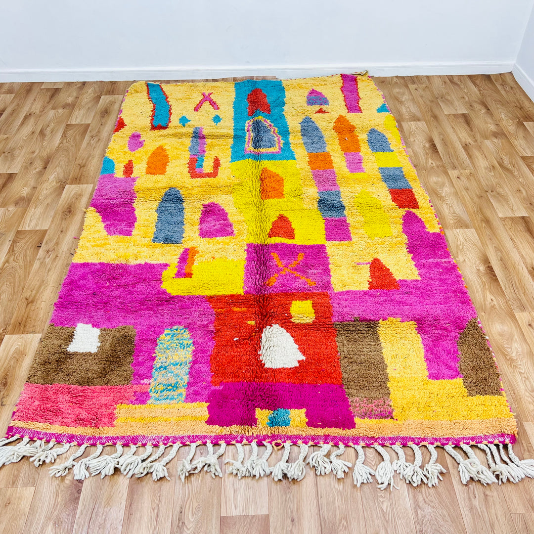 Colorful Moroccan shag rug with multicolored diamond patterns, 263 x 167 cm, handmade wool, inspired by Berber design.