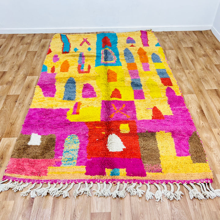 Colorful Moroccan shag rug with multicolored diamond patterns, 263 x 167 cm, handmade wool, inspired by Berber design.