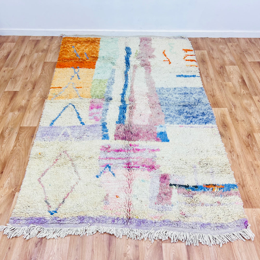 Pastel abstract Moroccan wool rug with earthy and pastel tones, showcasing Berber artistry and culture, 247 x 154 cm area.