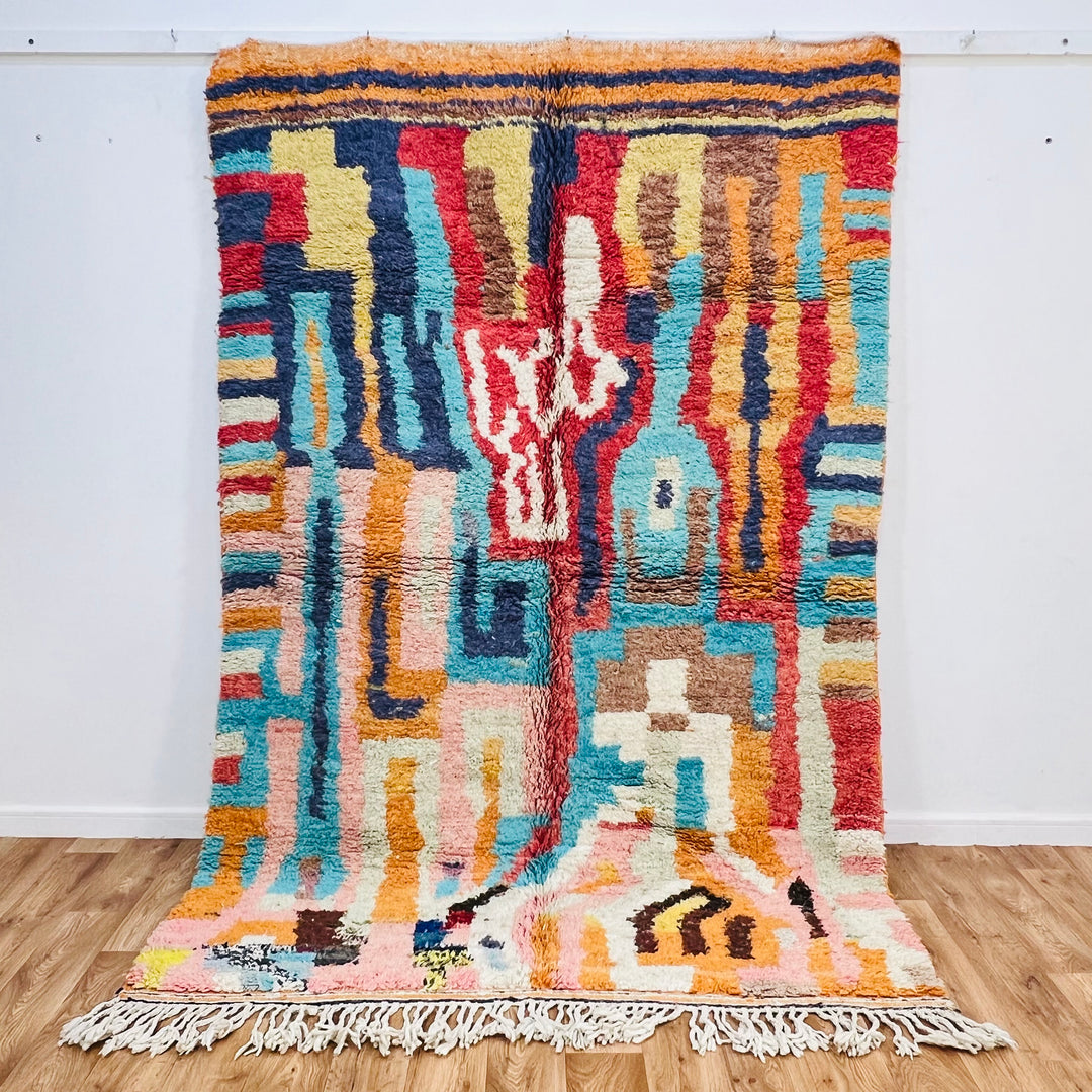 Bold Geometric Moroccan Wool Rug with Colorful Maze-Like Pattern in Orange, Blue, Red, Pink, Ivory, and Chocolate Tones - 250x163 cm