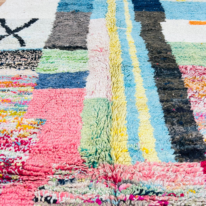Colorful Moroccan Berber Wool Rug with abstract pink, blue, green patterns, handwoven with 100% wool, size 8x5ft.