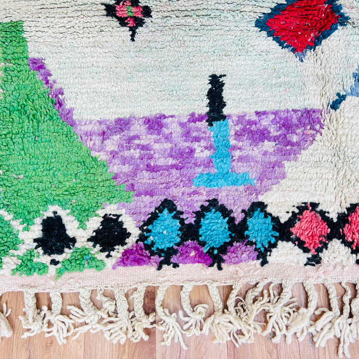 Colorful Moroccan Berber Rug with vibrant geometric designs, featuring red, blue, green, and pastels. Handmade vintage 8.4 x 5.1 ft.