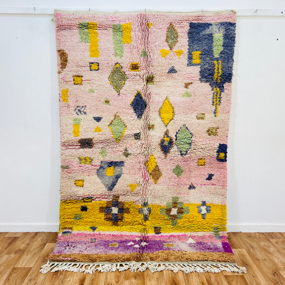 Pink and yellow vintage Moroccan rug with Berber symbols and tribal motifs, 237x152 cm, handmade wool for cozy decor.