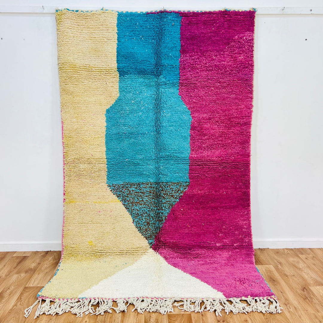 Pink and aqua abstract Moroccan wool rug, 250 x 156 cm, featuring vibrant geometric design with Berber artistry.
