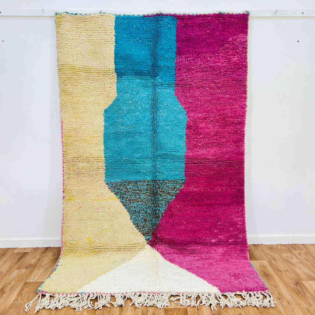 Pink and aqua abstract Moroccan wool rug 250x156 cm with geometric pattern, traditional Berber design, handmade and colorful.