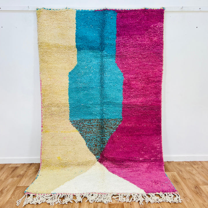 Pink and aqua abstract Moroccan wool rug 250x156 cm with geometric pattern, traditional Berber design, handmade and colorful.