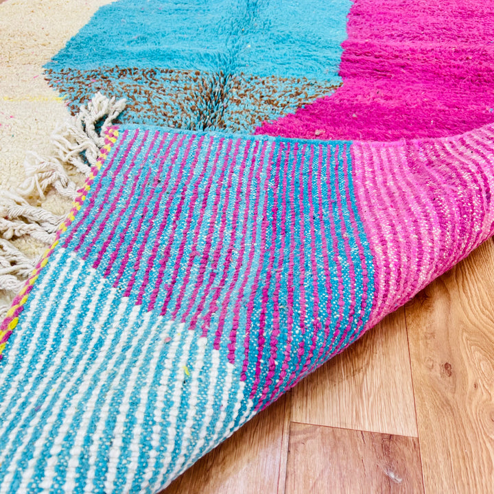 Colorful Pink & Aqua Moroccan Wool Rug with Abstract Design, 250 x 156 cm, featuring Traditional Berber Artistry and Cozy Texture