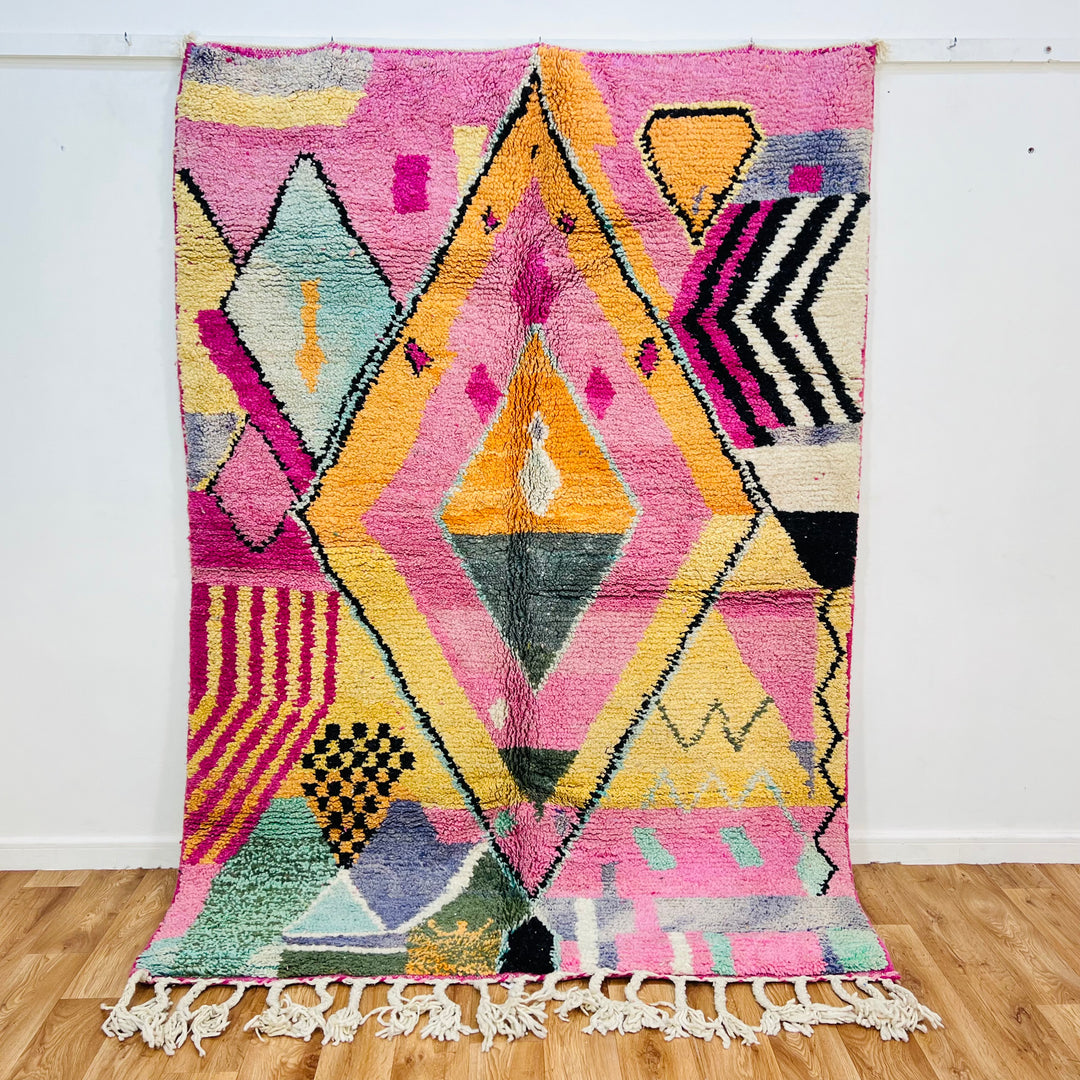 Colorful Pink Diamond Moroccan Wool Rug, 234x164 cm, handmade with traditional Berber design featuring vibrant patterns.