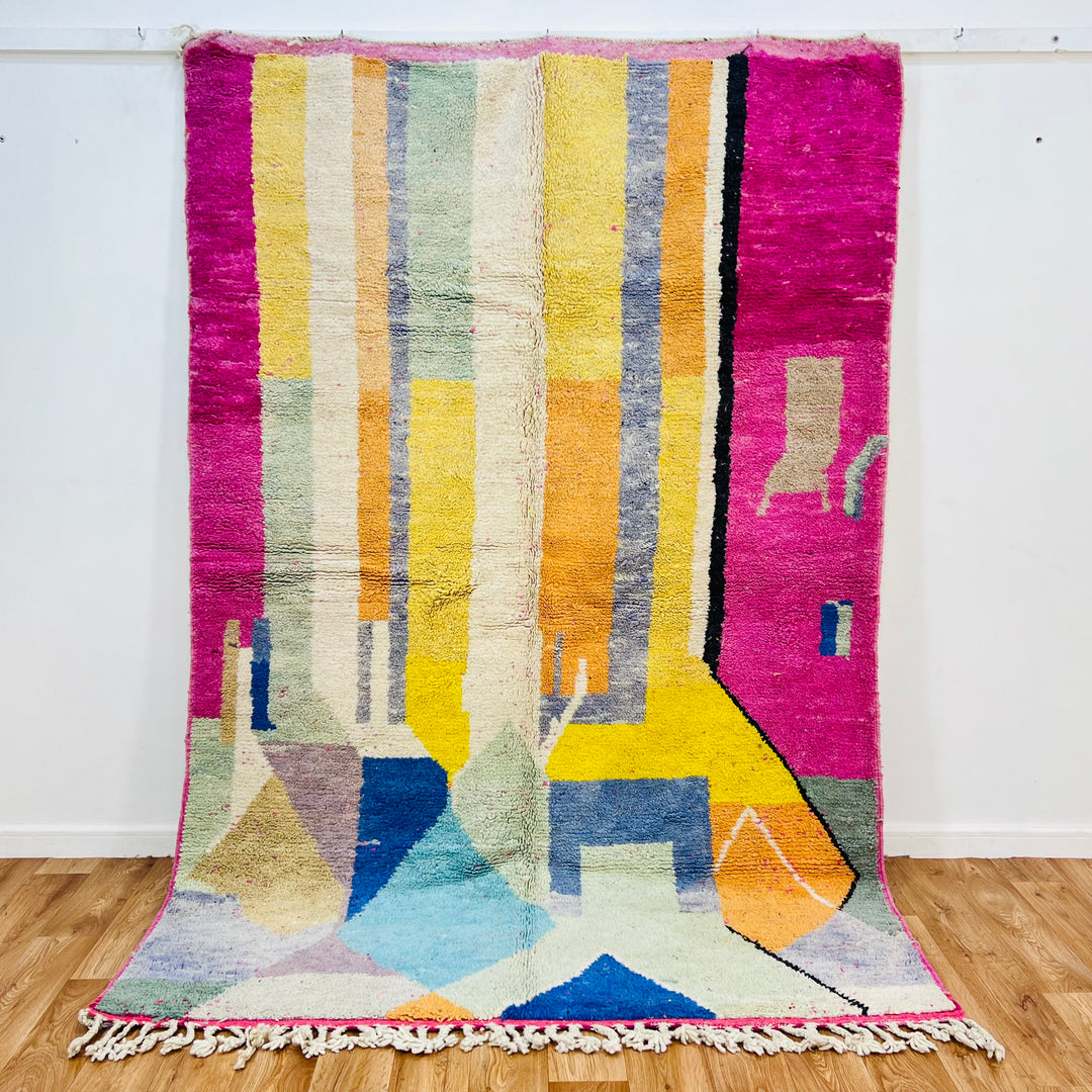 Modern Abstract Moroccan Wool Rug with colorful geometric design, 254 x 170 cm, handmade by Berber women from natural wool.